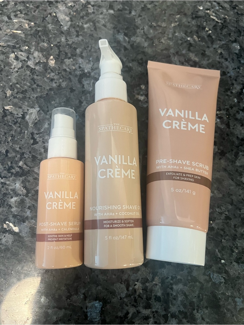 The Spathecary 3 Piece Set Vanilla Creme Shave Scrub Oil & Serum New